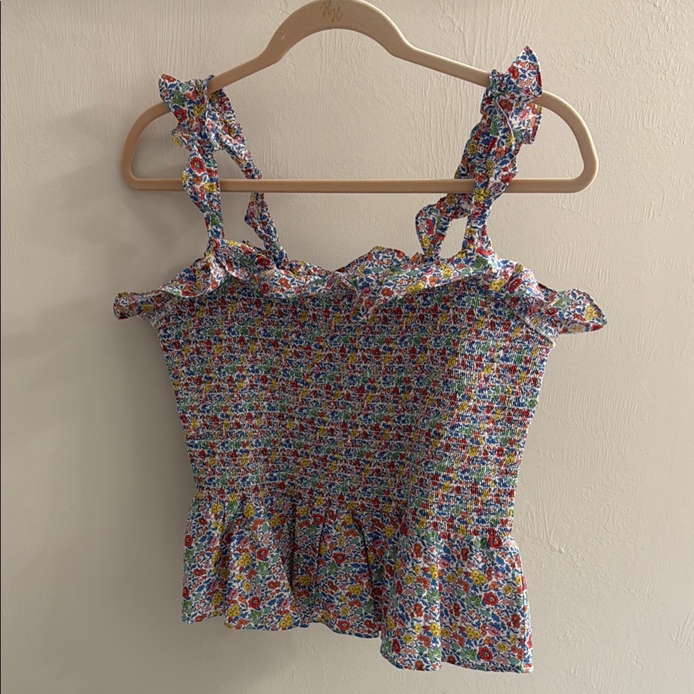 J. Crew Blue and Red Smocked Ruffle Blouse